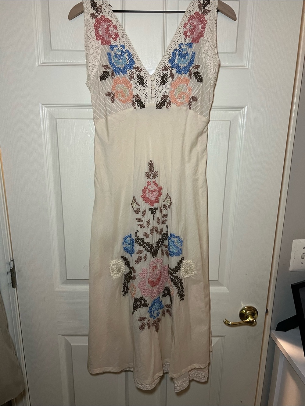 JohnnyWas Joystick Embroidered Cotton Dress Sz M Ivory Floral Crochet Lace Boho